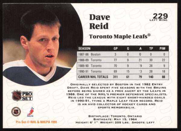 1991-92 Pro Set NHL Dave Reid #229 (Back)