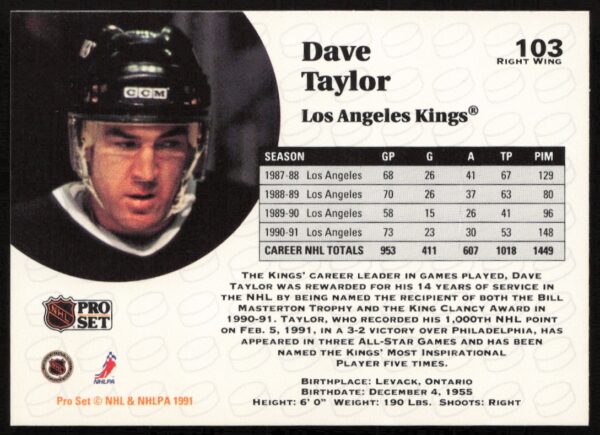 1991-92 Pro Set NHL Dave Taylor #103 (Back)