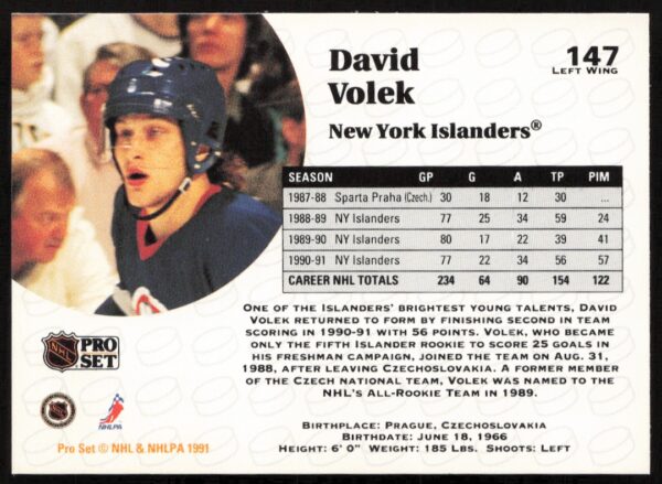 1991-92 Pro Set NHL David Volek #147 (Back)