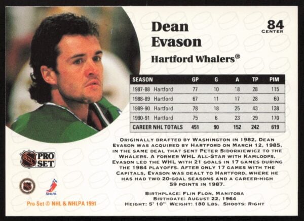 1991-92 Pro Set NHL Dean Evason #84 (Back)