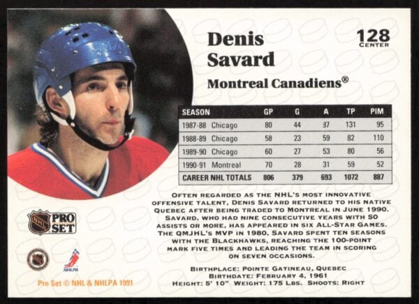 1991-92 Pro Set NHL Denis Savard #128 (Back)