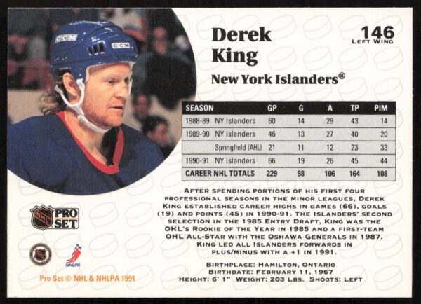 1991-92 Pro Set NHL Derek King #146 (Back)