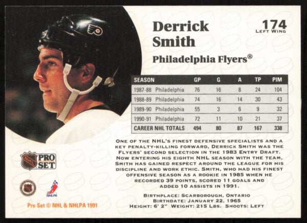 1991-92 Pro Set NHL Derrick Smith #174 (Back)