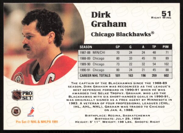 1991-92 Pro Set NHL Dirk Graham #51 (Back)