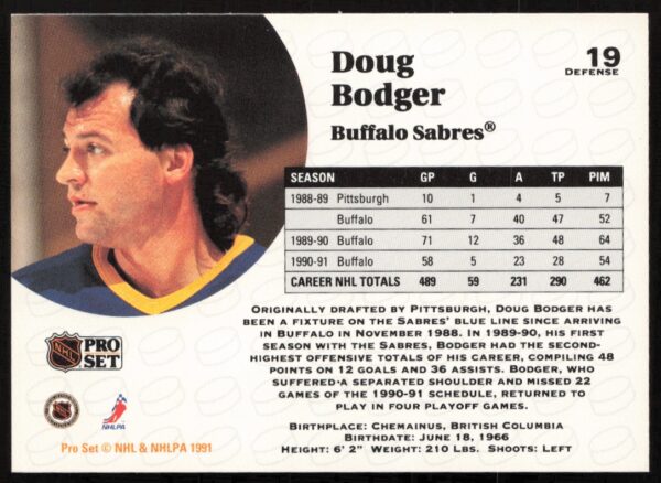 1991-92 Pro Set NHL Doug Bodger #19 (Back)