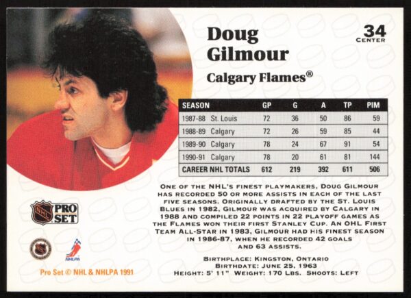 1991-92 Pro Set NHL Doug Gilmour #34 (Back)