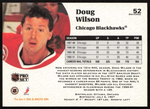 1991-92 Pro Set NHL Doug Wilson #52 (Back)