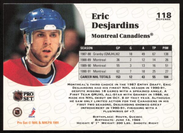 1991-92 Pro Set NHL Eric Desjardins #118 (Back)