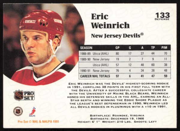 1991-92 Pro Set NHL Eric Weinrich #133 (Back)