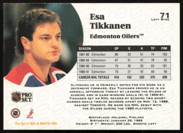 1991-92 Pro Set NHL Esa Tikkanen #71 (Back)