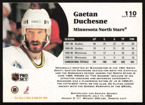 1991-92 Pro Set NHL Gaetan Duchesne #110 (Back)