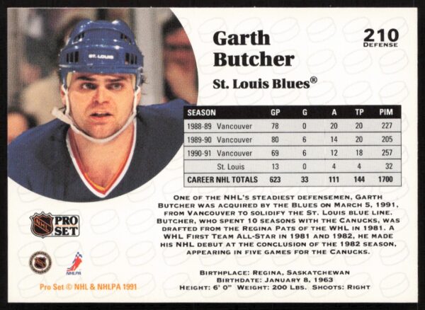 1991-92 Pro Set NHL Garth Butcher #210 (Back)