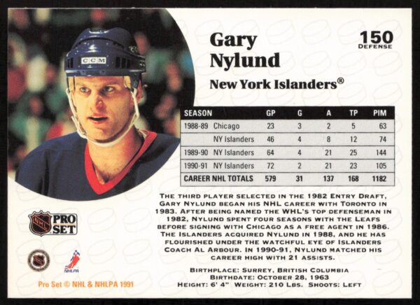 1991-92 Pro Set NHL Gary Nylund #150 (Back)