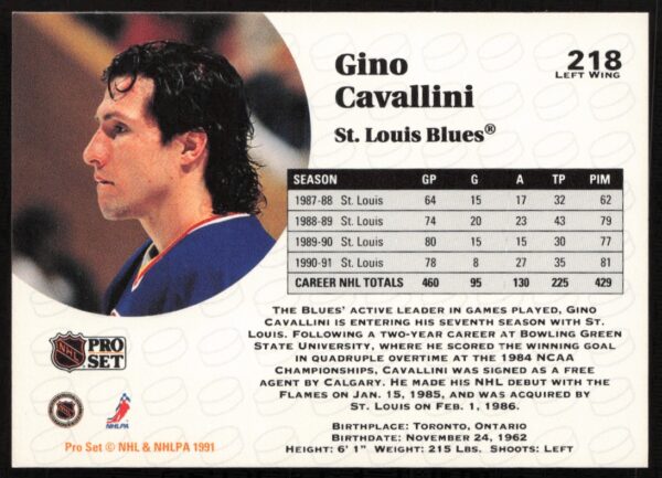 1991-92 Pro Set NHL Gino Cavallini #218 (Back)