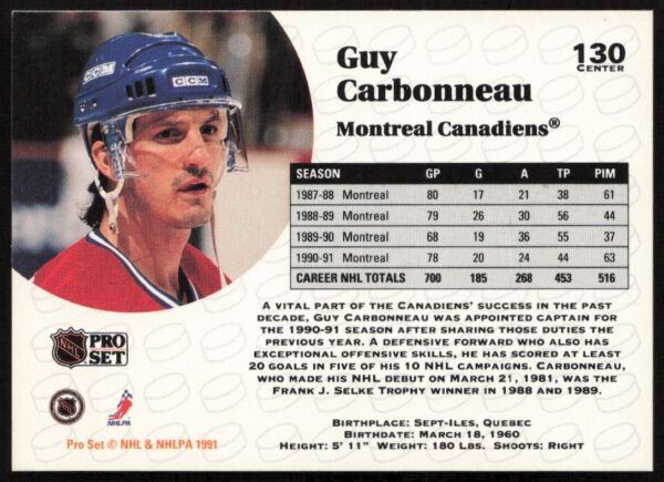 1991-92 Pro Set NHL Guy Carbonneau #130 (Back)