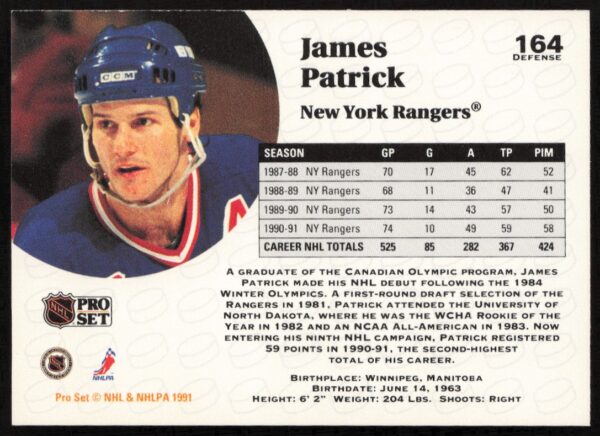 1991-92 Pro Set NHL James Patrick #164 (Back)