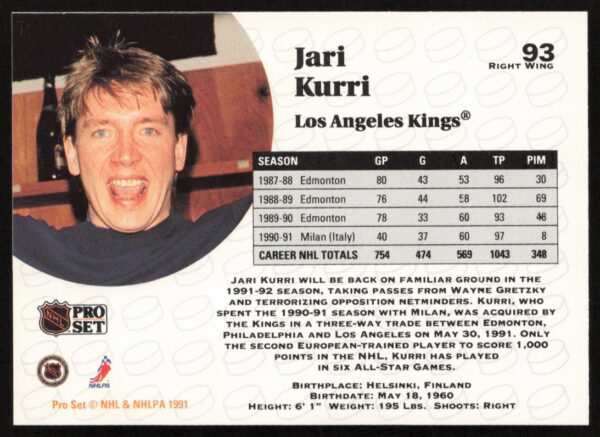 1991-92 Pro Set NHL Jari Kurri #93 (Back)