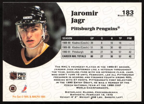 1991-92 Pro Set NHL Jaromir Jagr #183 (Back)