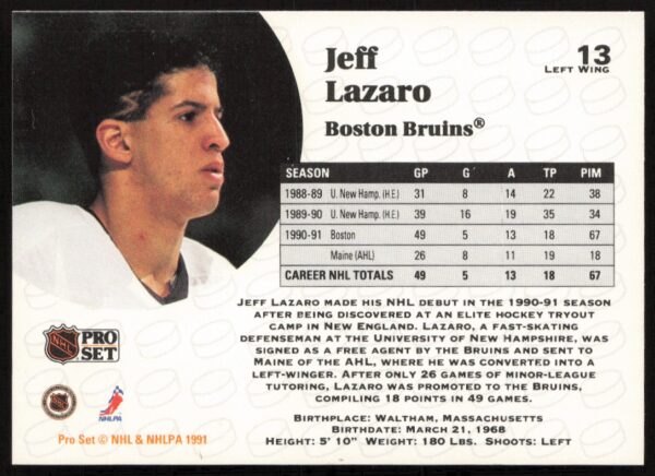 1991-92 Pro Set NHL Jeff Lazaro #13 (Back)