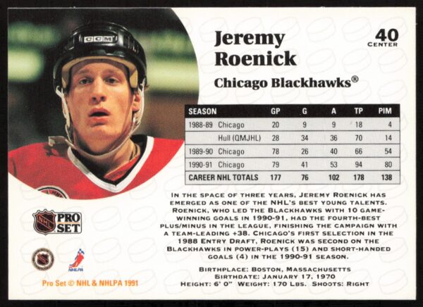 1991-92 Pro Set NHL Jeremy Roenick #40 (Back)
