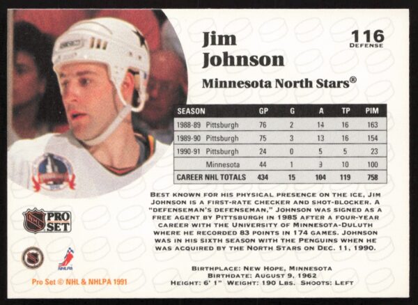 1991-92 Pro Set NHL Jim Johnson #116 (Back)