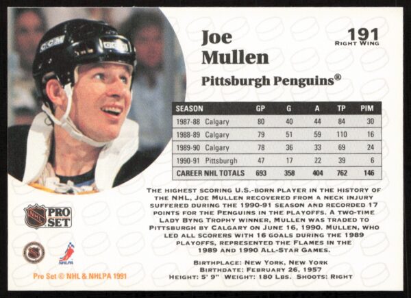 1991-92 Pro Set NHL Joe Mullen #191 (Back)