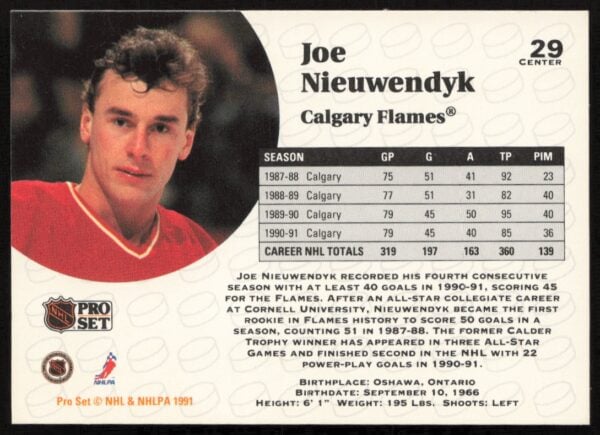 1991-92 Pro Set NHL Joe Nieuwendyk #29 (Back)