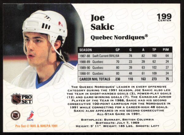 1991-92 Pro Set NHL Joe Sakic #199 (Back)