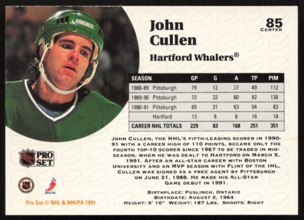 1991-92 Pro Set NHL John Cullen #85 (Back)