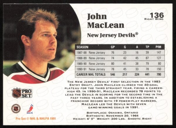 1991-92 Pro Set NHL John MacLean #136 (Back)