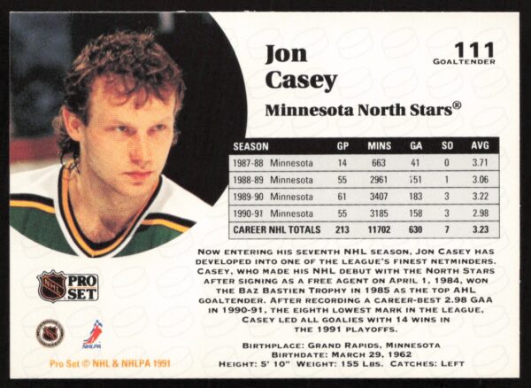 1991-92 Pro Set NHL Jon Casey #111 (Back)