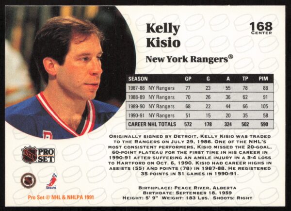 1991-92 Pro Set NHL Kelly Kisio #168 (Back)