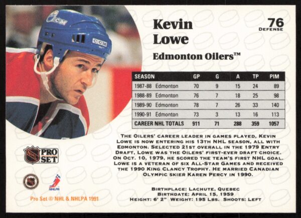 1991-92 Pro Set NHL Kevin Lowe #76 (Back)