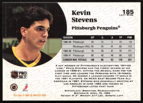 1991-92 Pro Set NHL Kevin Stevens #185 (Back)