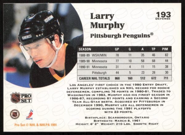 1991-92 Pro Set NHL Larry Murphy #193 (Back)