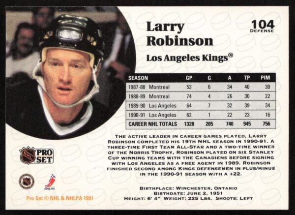 1991-92 Pro Set NHL Larry Robinson #104 (Back)