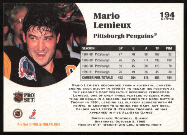 1991-92 Pro Set NHL Mario Lemieux #194 (Back)