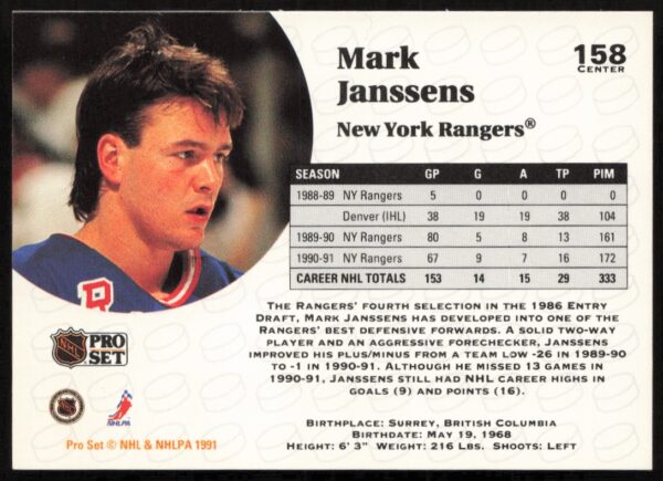 1991-92 Pro Set NHL Mark Janssens #158 (Back)