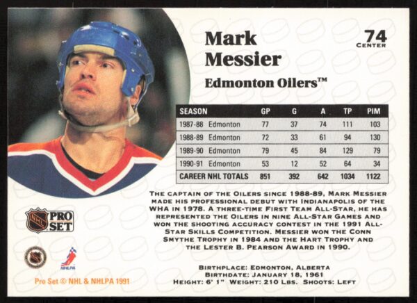 1991-92 Pro Set NHL Mark Messier #74 (Back)