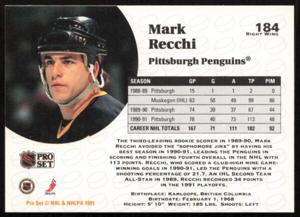 1991-92 Pro Set NHL Mark Recchi #184 (Back)