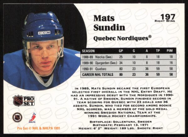 1991-92 Pro Set NHL Mats Sundin #197 (Back)