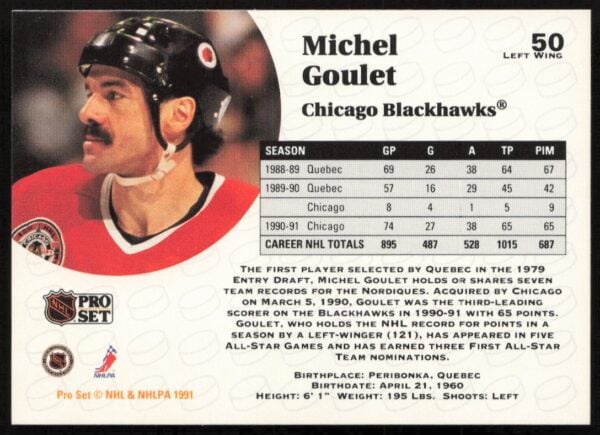 1991-92 Pro Set NHL Michel Goulet #50 (Back)