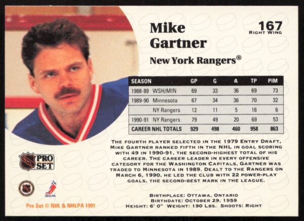 1991-92 Pro Set NHL Mike Gartner #167 (Back)