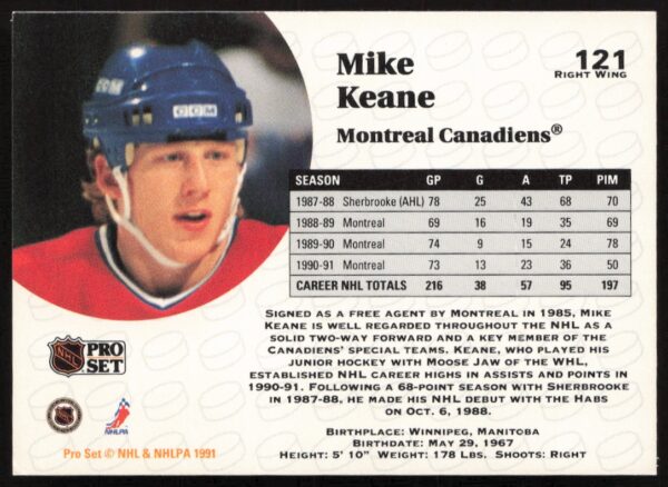 1991-92 Pro Set NHL Mike Keane #121 (Back)