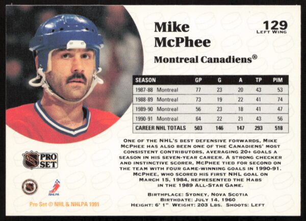 1991-92 Pro Set NHL Mike McPhee #129 (Back)