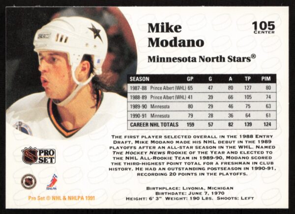 1991-92 Pro Set NHL Mike Modano #105 (Back)