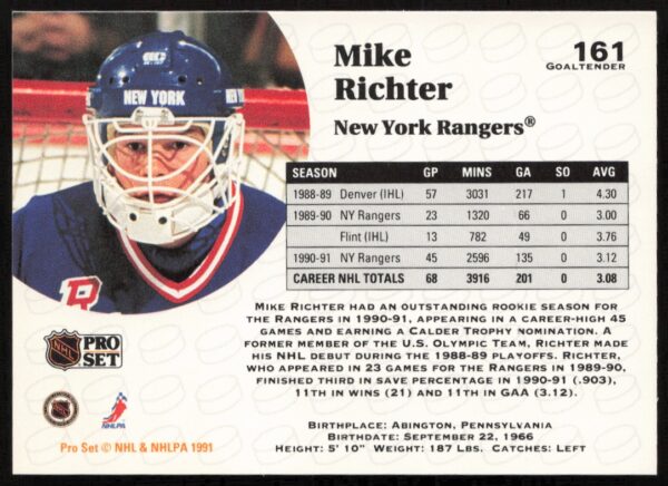 1991-92 Pro Set NHL Mike Richter #161 (Back)