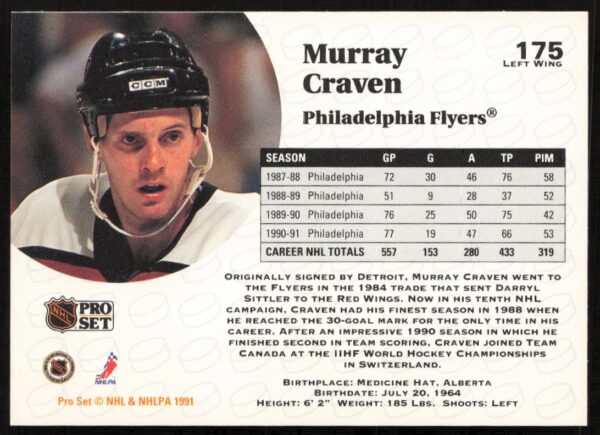 1991-92 Pro Set NHL Murray Craven #175 (Back)