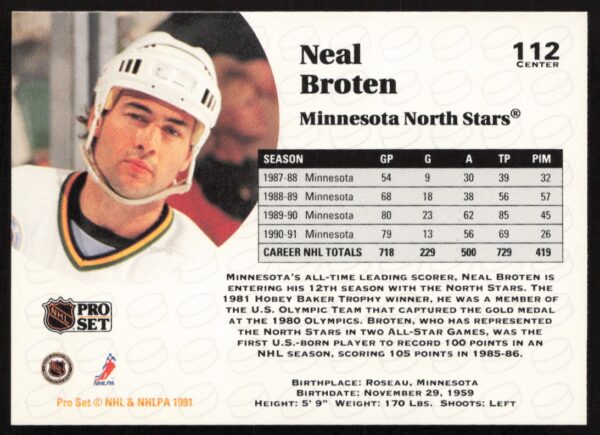 1991-92 Pro Set NHL Neal Broten #112 (Back)