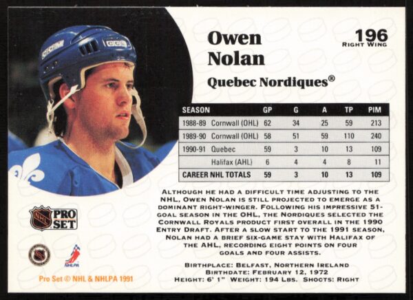 1991-92 Pro Set NHL Owen Nolan #196 (Back)